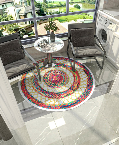 Round Boho Braided Cotton Rug – Washable Multi-Color Area Carpet