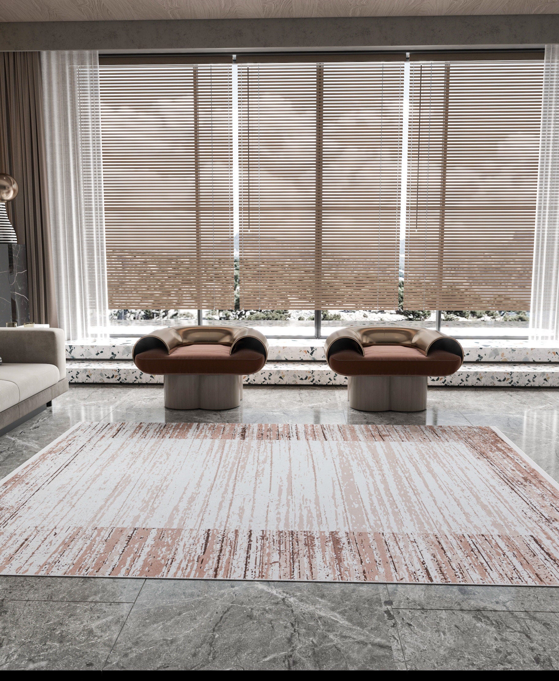Washable Boho Area Rug – Distressed Rose Gold Abstract Carpet, Non-Slip Thin Living Room Rug