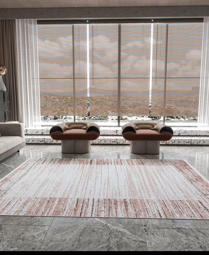 Washable Boho Area Rug – Distressed Rose Gold Abstract Carpet, Non-Slip Thin Living Room Rug