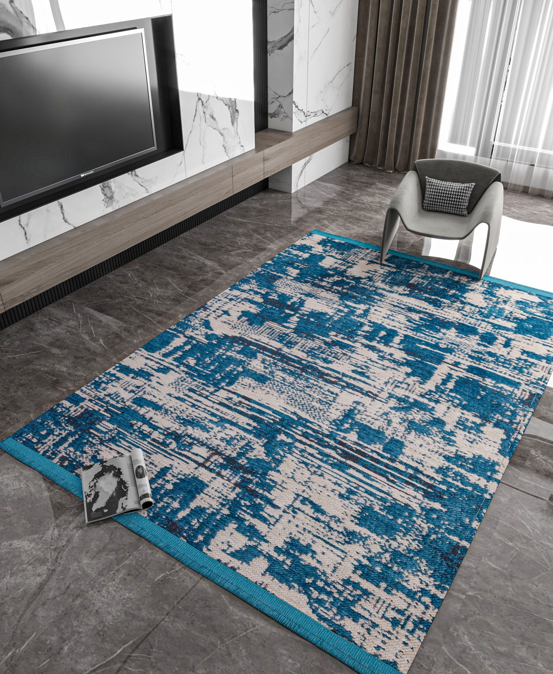 Teal Abstract Area Rug – Distressed Living Room Carpet, Modern Textured Floor Rug