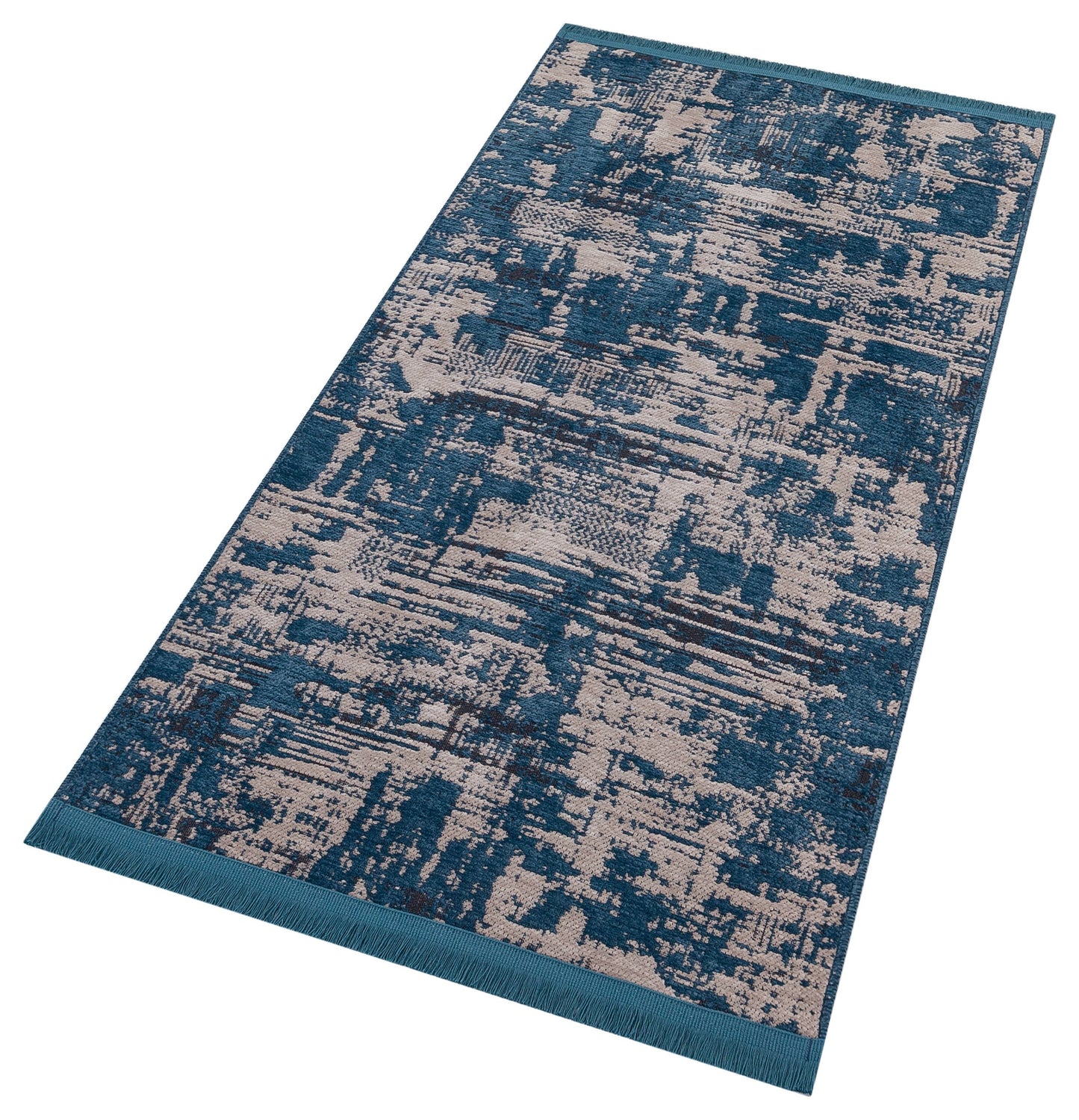 Teal Abstract Area Rug – Distressed Living Room Carpet, Modern Textured Floor Rug