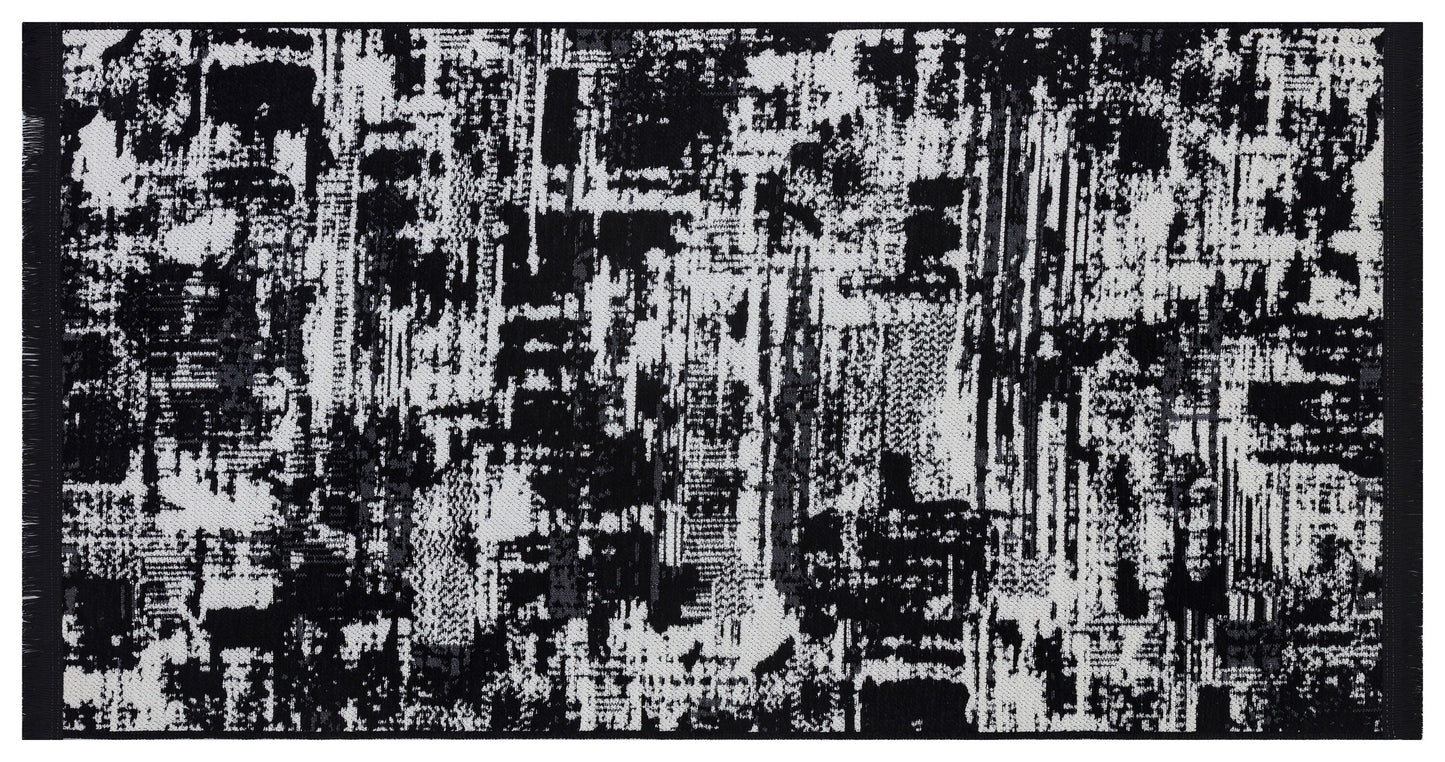 Modern Abstract Runner Rug – Black White Distressed Geometric Texture Scandi Style Mat