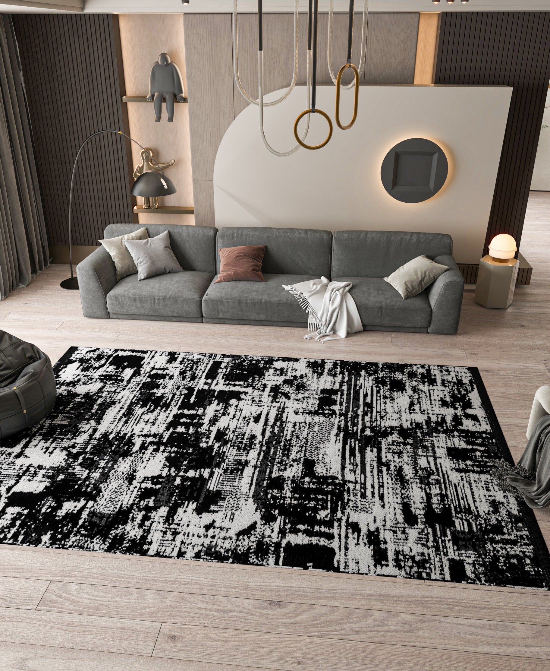 Modern Abstract Runner Rug – Black White Distressed Geometric Texture Scandi Style Mat