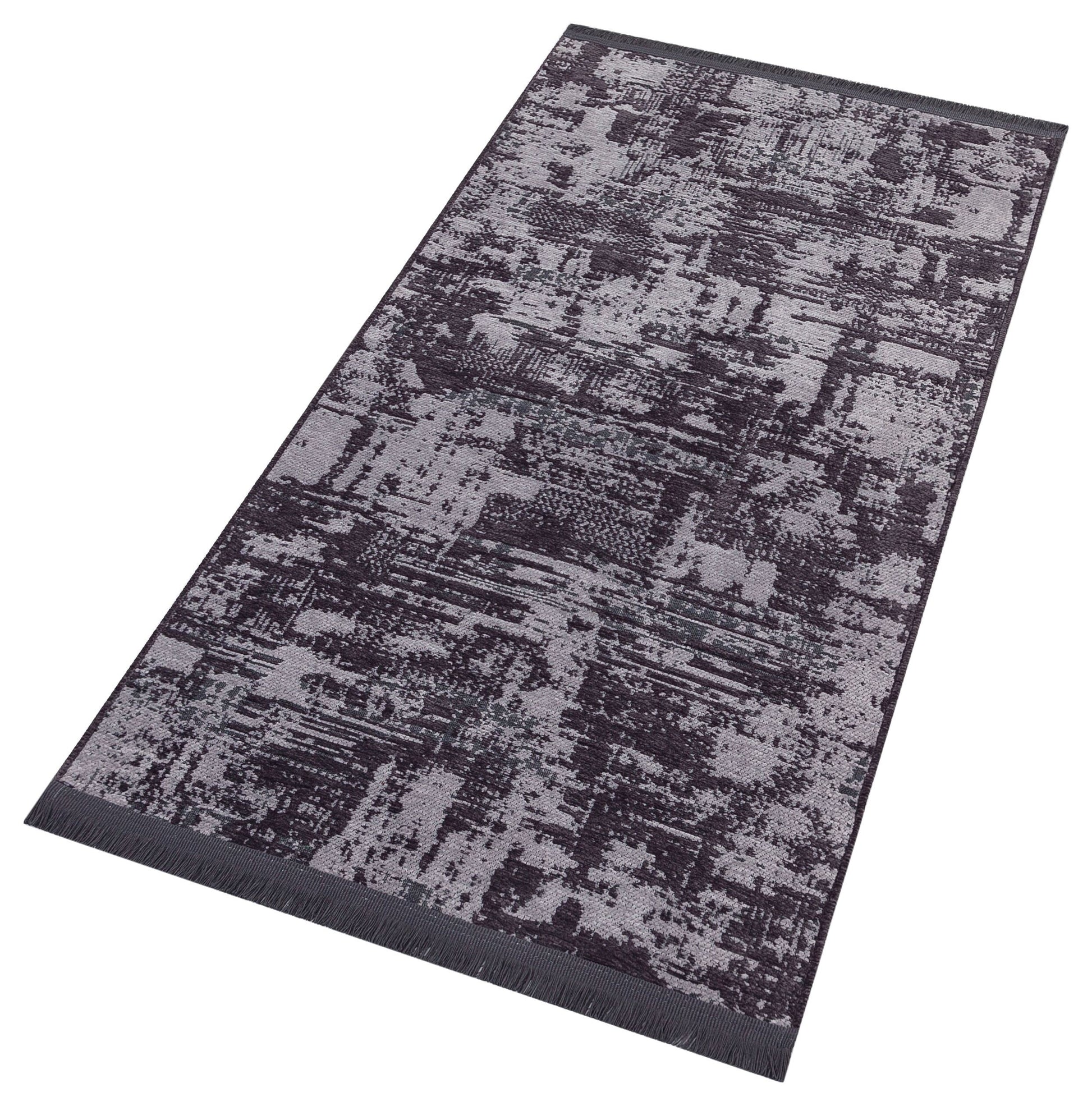 Distressed Abstract Runner Rug – Muted Purple, Charcoal Grey, Fringe – Industrial Home Decor