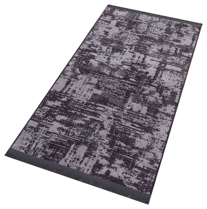 Distressed Abstract Runner Rug – Muted Purple, Charcoal Grey, Fringe – Industrial Home Decor