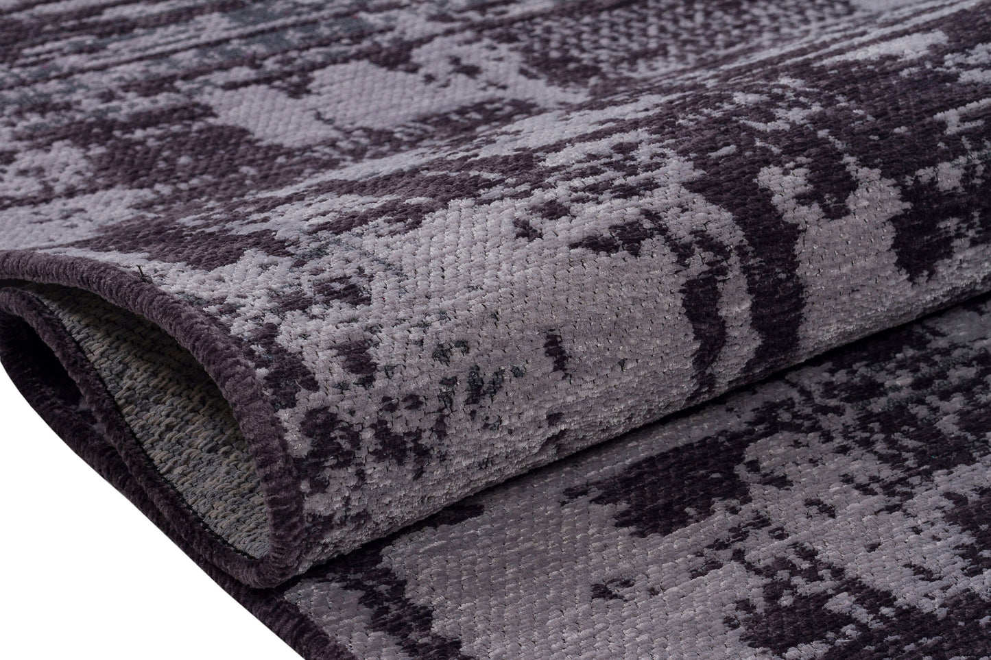 Distressed Abstract Runner Rug – Muted Purple, Charcoal Grey, Fringe – Industrial Home Decor
