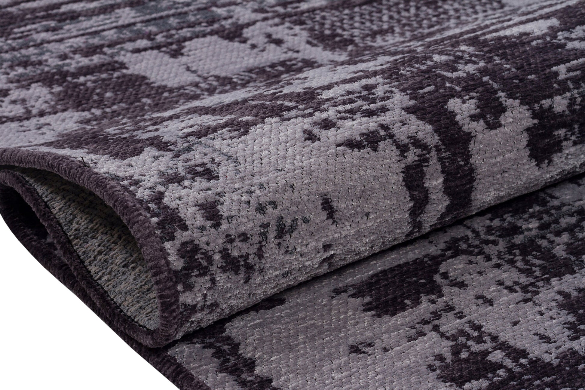 Distressed Abstract Runner Rug – Muted Purple, Charcoal Grey, Fringe – Industrial Home Decor