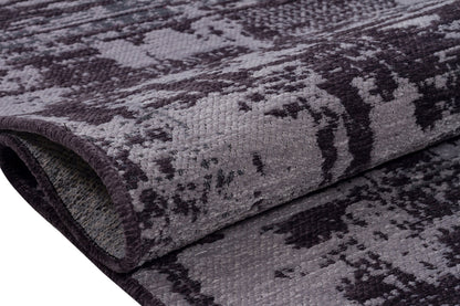 Distressed Abstract Runner Rug – Muted Purple, Charcoal Grey, Fringe – Industrial Home Decor