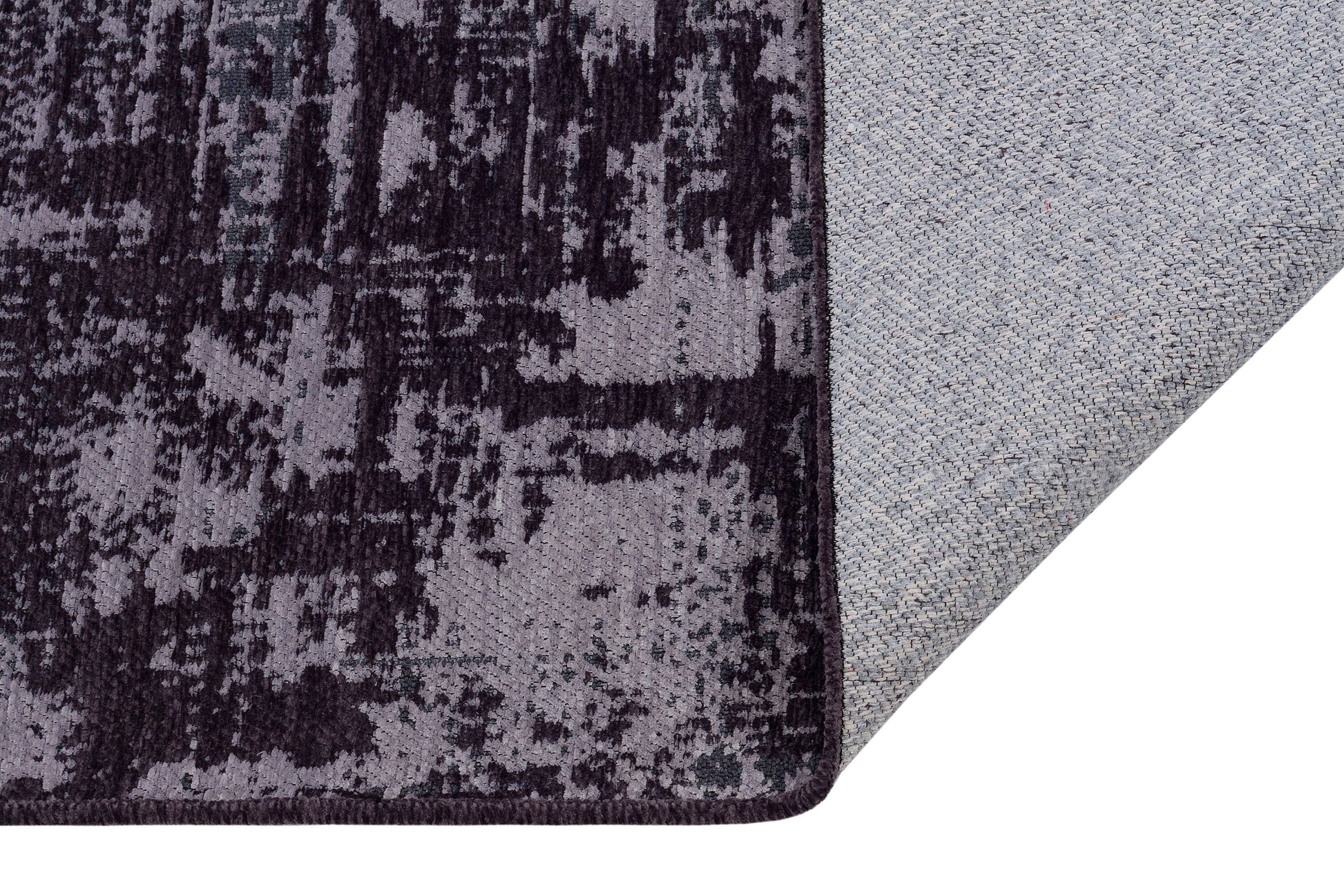 Distressed Abstract Runner Rug – Muted Purple, Charcoal Grey, Fringe – Industrial Home Decor