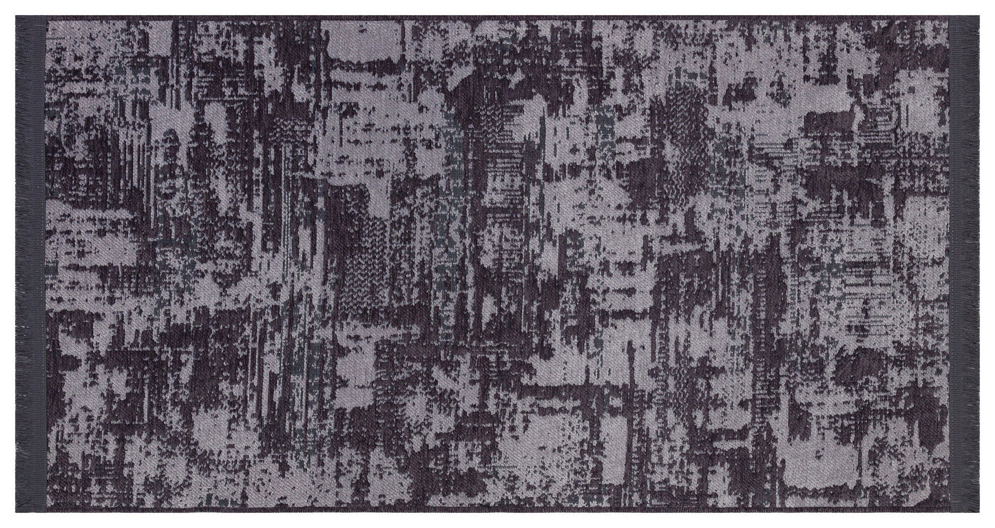 Distressed Abstract Runner Rug – Muted Purple, Charcoal Grey, Fringe – Industrial Home Decor