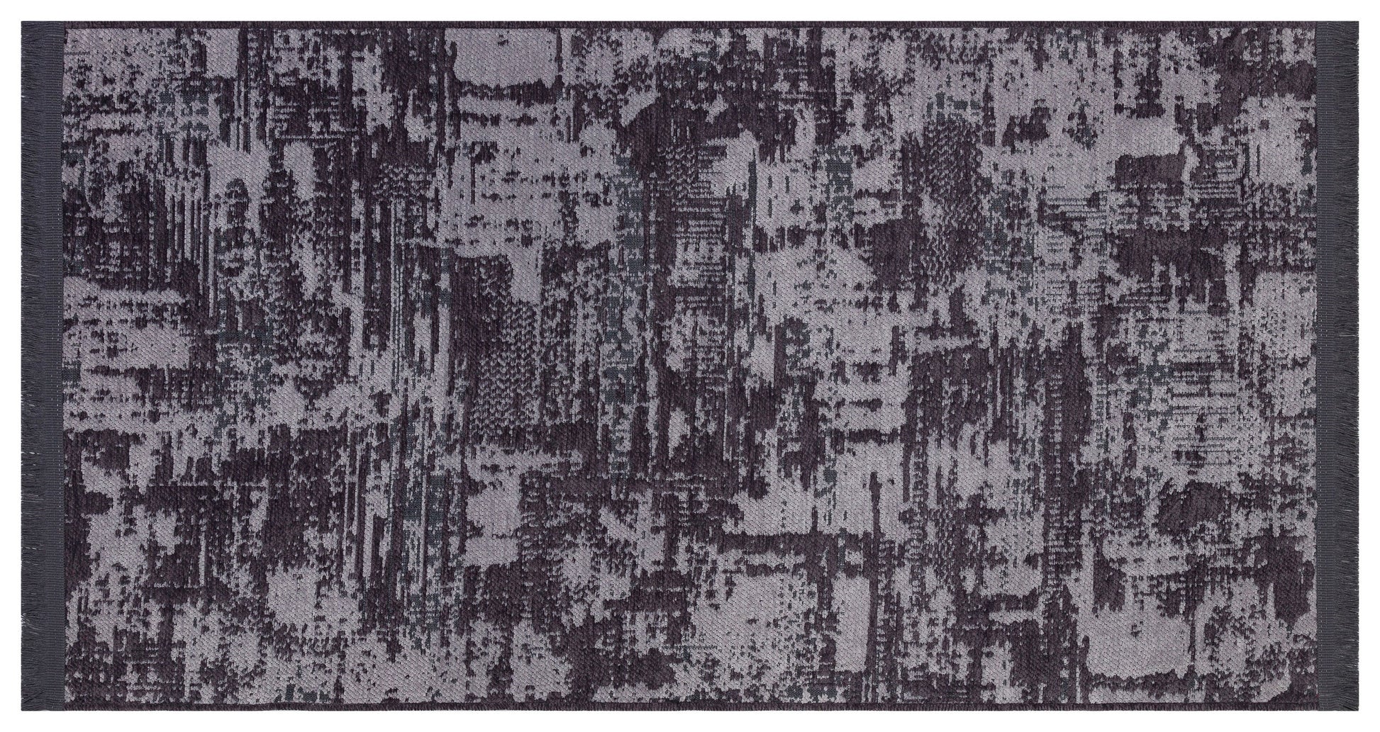 Distressed Abstract Runner Rug – Muted Purple, Charcoal Grey, Fringe – Industrial Home Decor