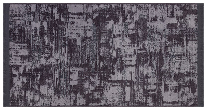 Distressed Abstract Runner Rug – Muted Purple, Charcoal Grey, Fringe – Industrial Home Decor