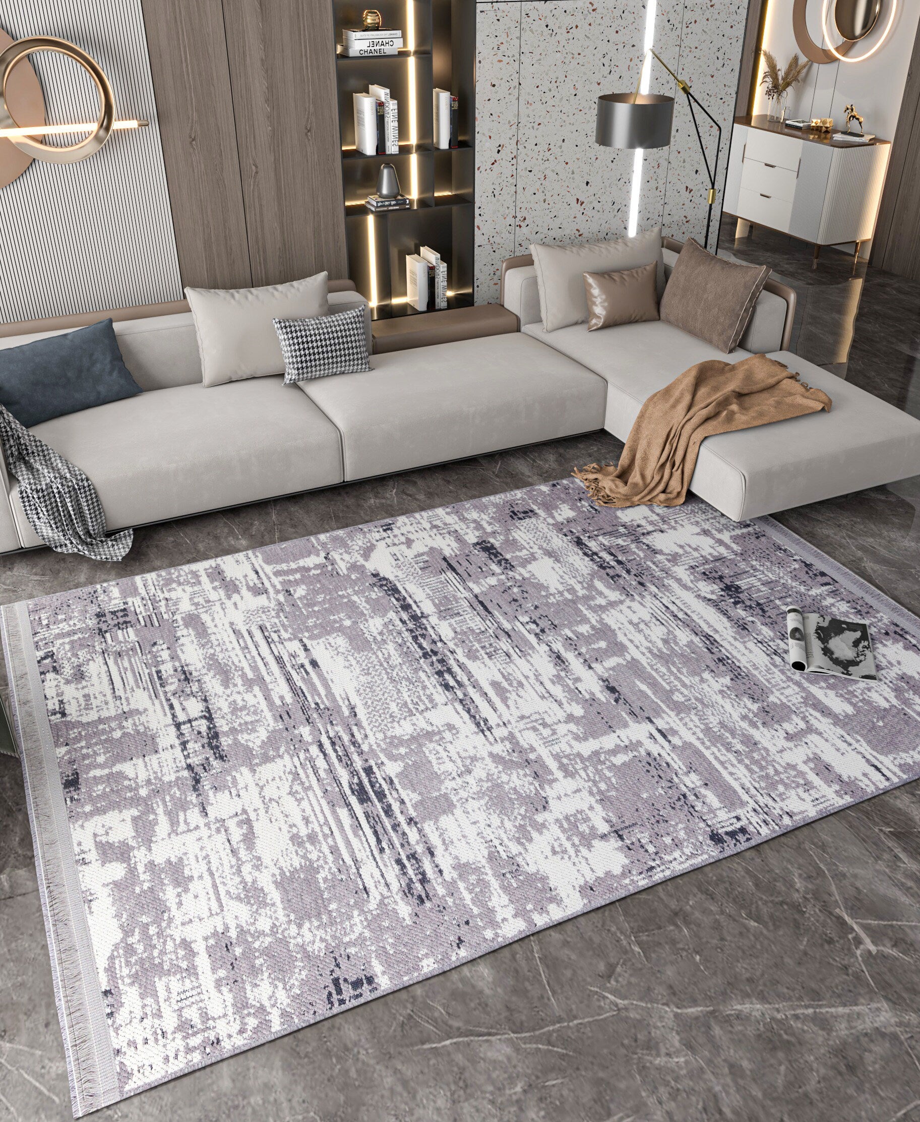 Distressed Abstract Area Rug, Grey White Washable Carpet, Modern Fringed Runner