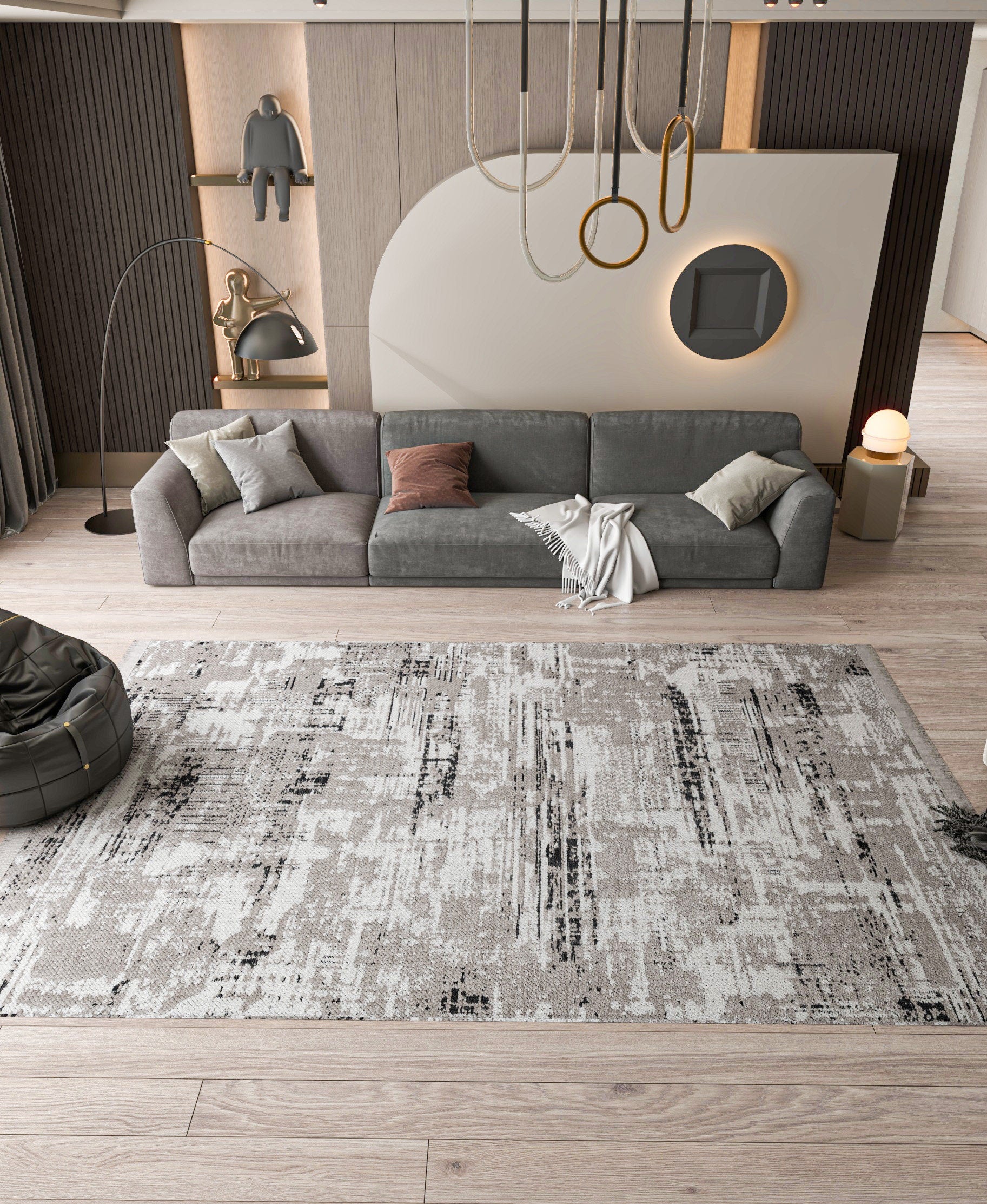 Washable Abstract Area Rug – Distressed Beige & Grey Boho Farmhouse Carpet