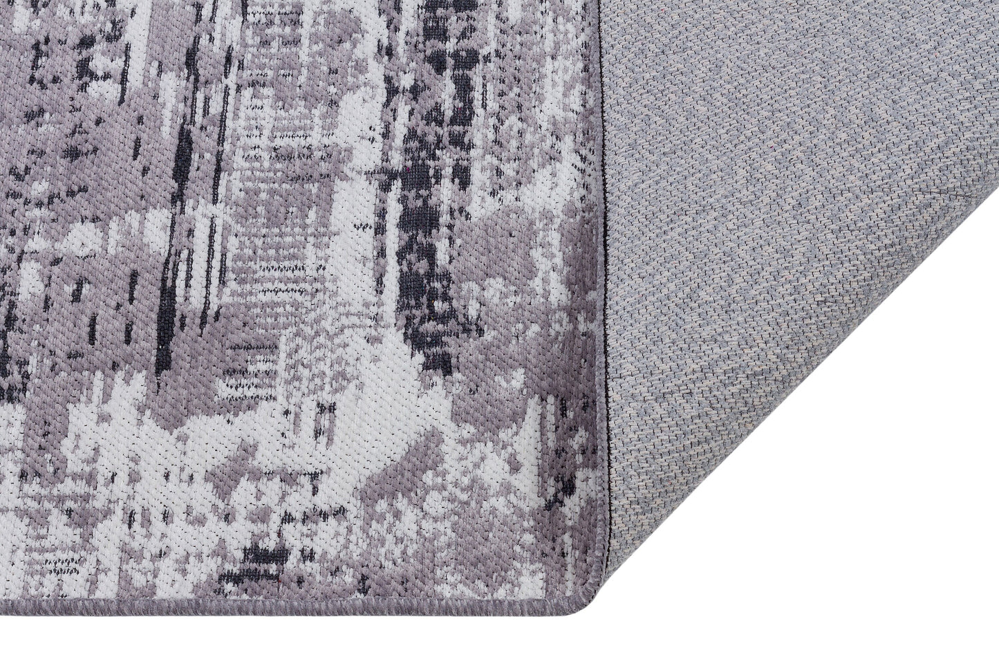 Distressed Abstract Area Rug, Grey White Washable Carpet, Modern Fringed Runner