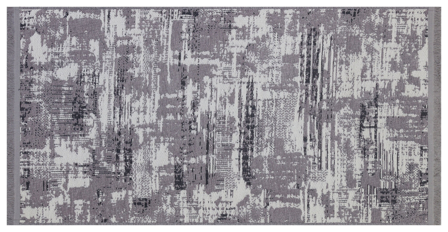 Distressed Abstract Area Rug, Grey White Washable Carpet, Modern Fringed Runner