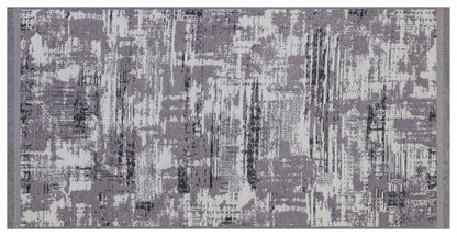 Distressed Abstract Area Rug, Grey White Washable Carpet, Modern Fringed Runner