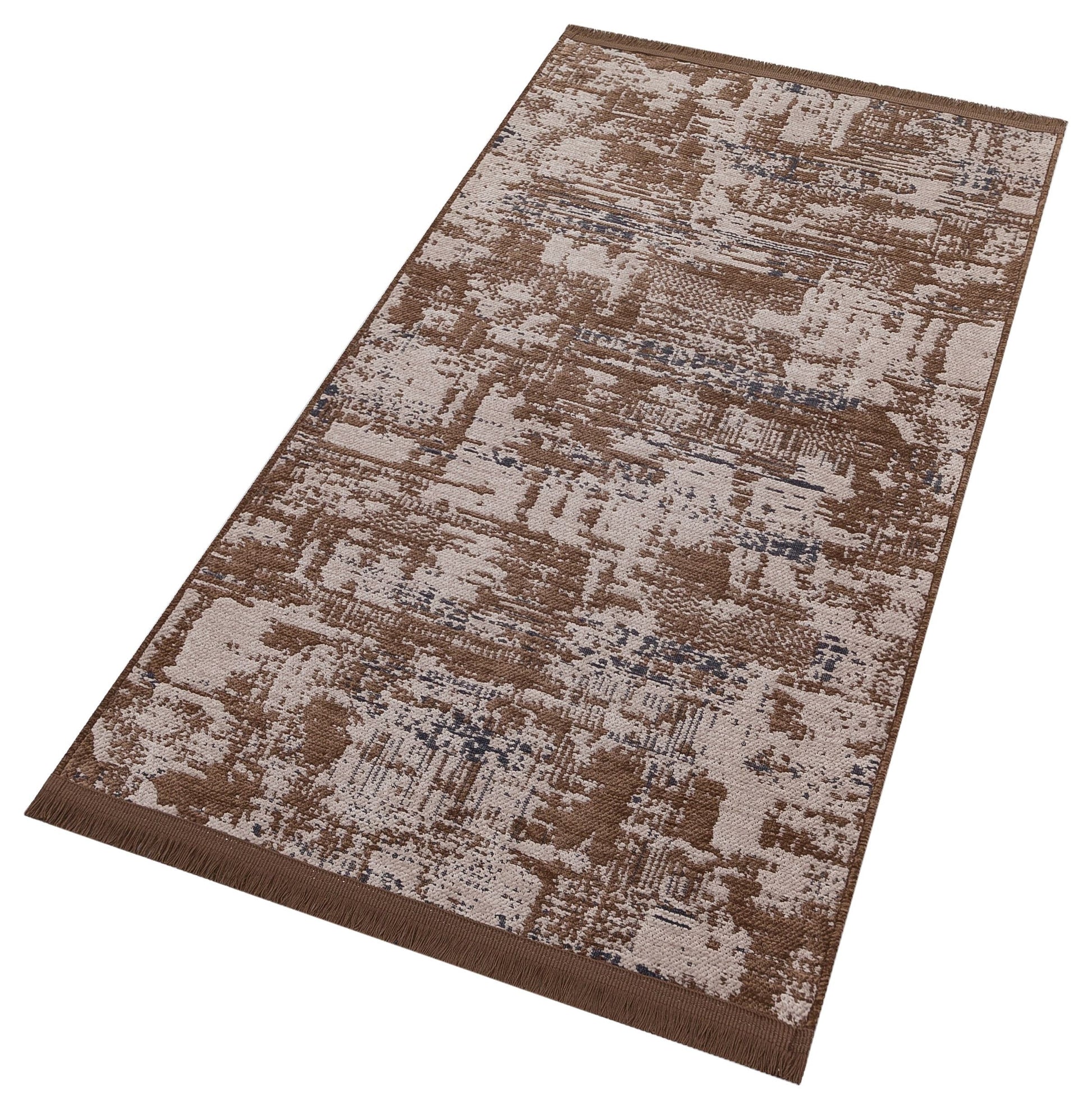 Distressed Abstract Area Rug, Earth Tone Boho Neutral Decor, Washable Cotton Mat