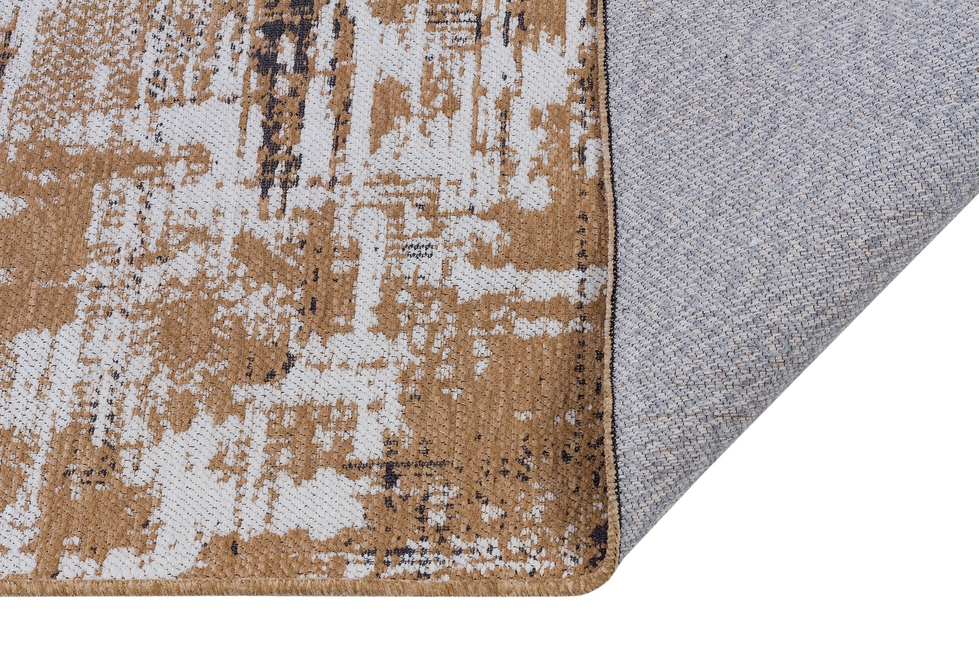 Distressed Gold Ivory Abstract Cotton Rug – Washable Boho Area Carpet