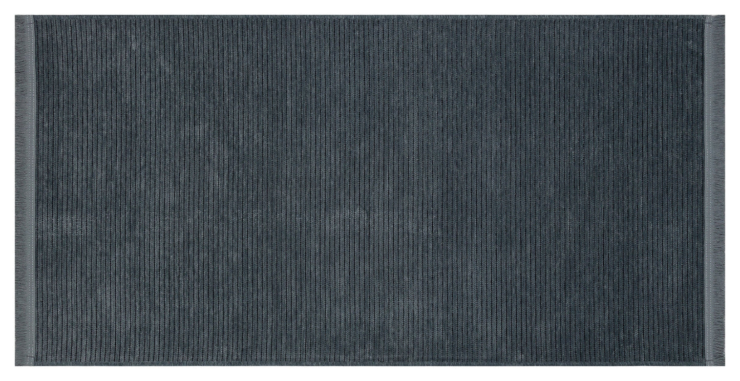 Washable Navy Blue Ribbed Area Rug – Modern Textured Cotton Carpet with Fringe