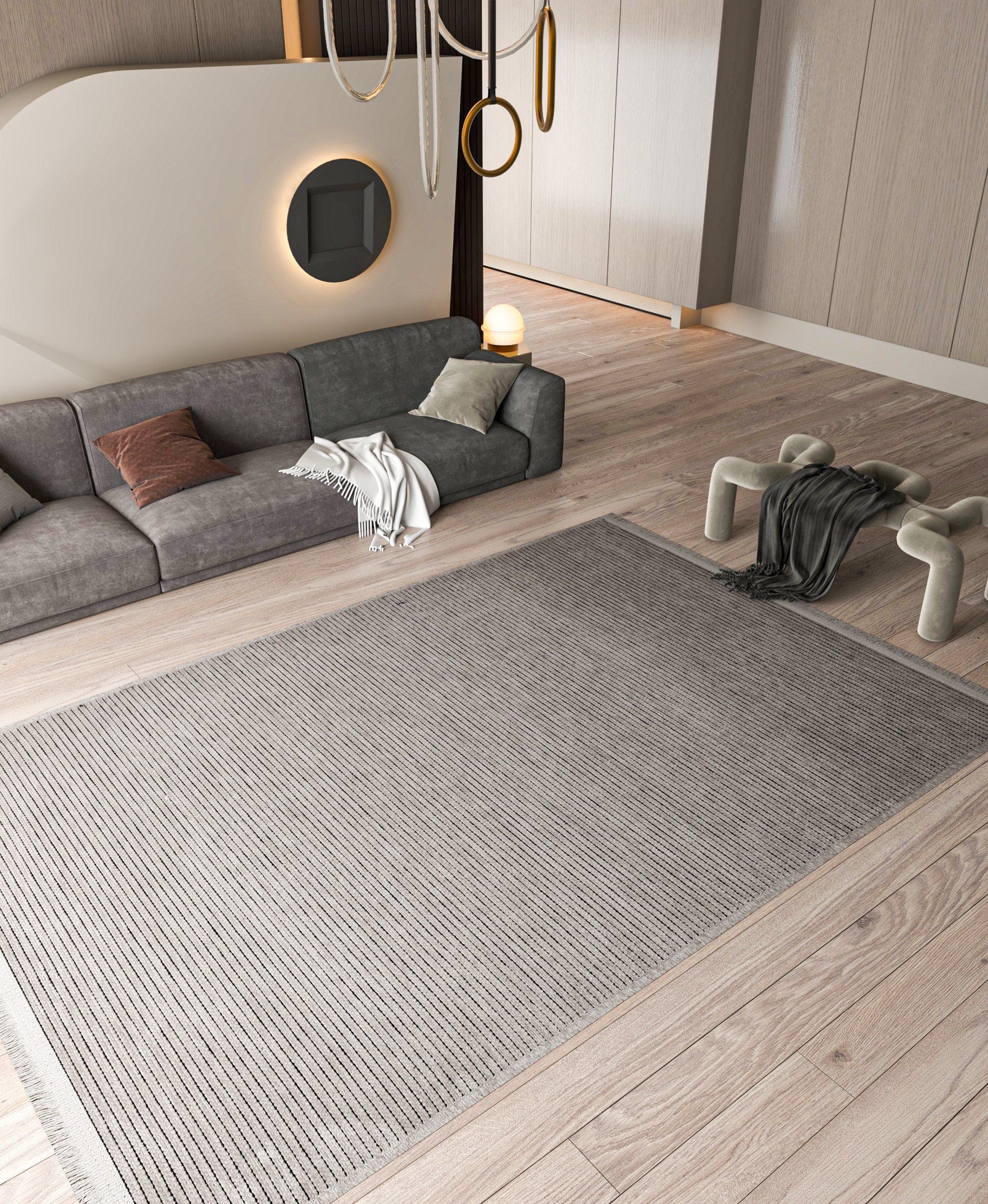 Modern Ribbed Area Rug – Beige Taupe Striped Carpet, Hand-Woven Cotton Blend, Scandi Style