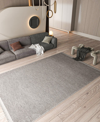 Modern Ribbed Area Rug – Beige Taupe Striped Carpet, Hand-Woven Cotton Blend, Scandi Style