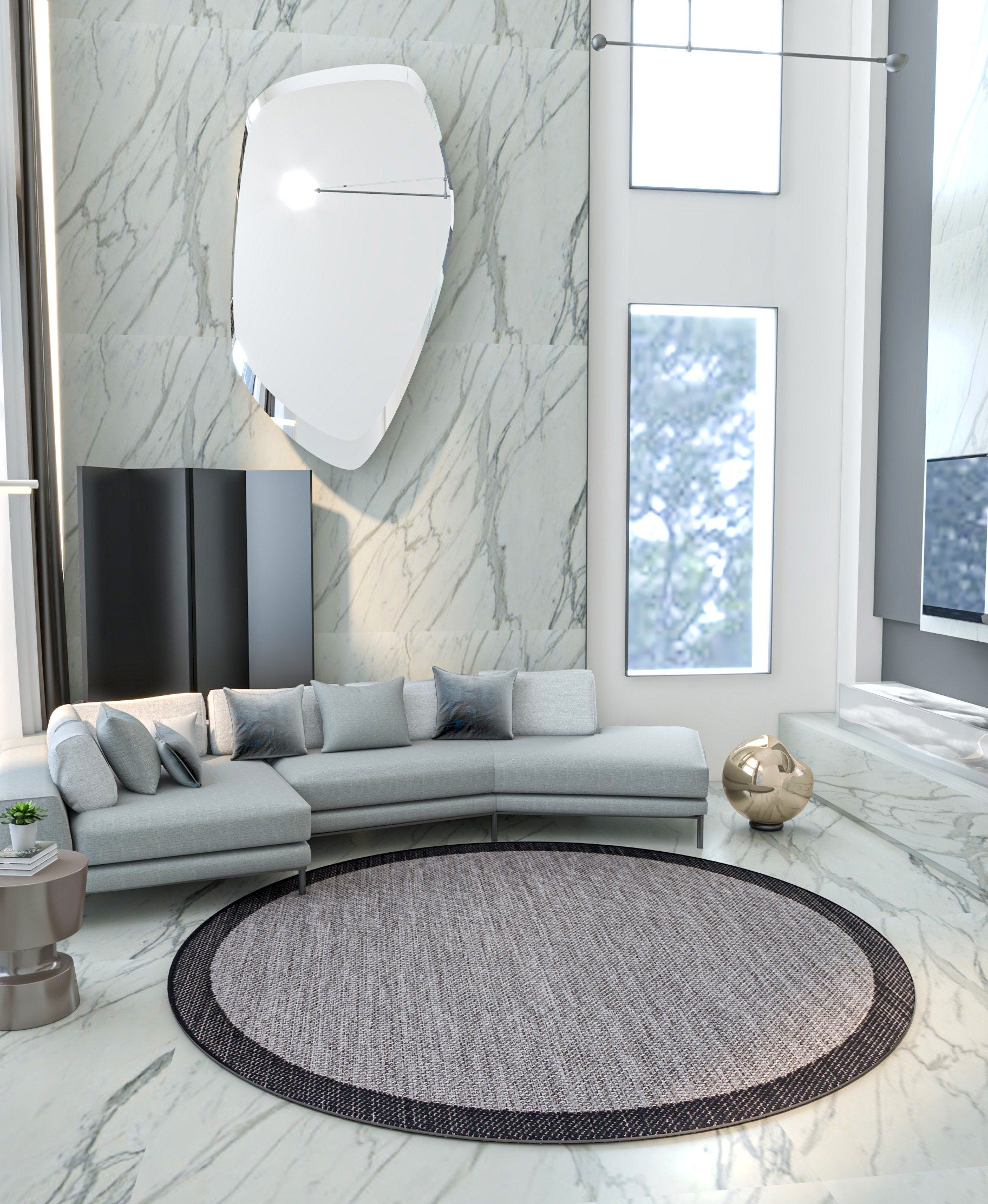Washable Gray Jute Rug: Outdoor/Indoor Circle Carpet