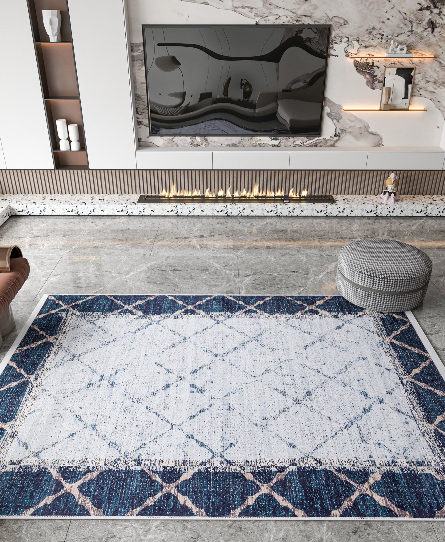 Distressed Teal Lattice Area Rug – Faded Geometric Carpet for Living Room