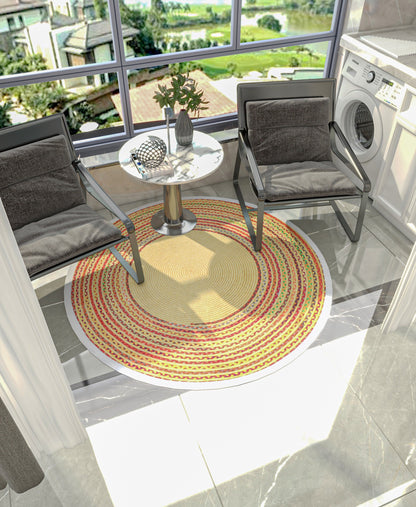 Braided Round Area Rug – Yellow, Red, Boho Cotton Carpet, Washable Circular Rug