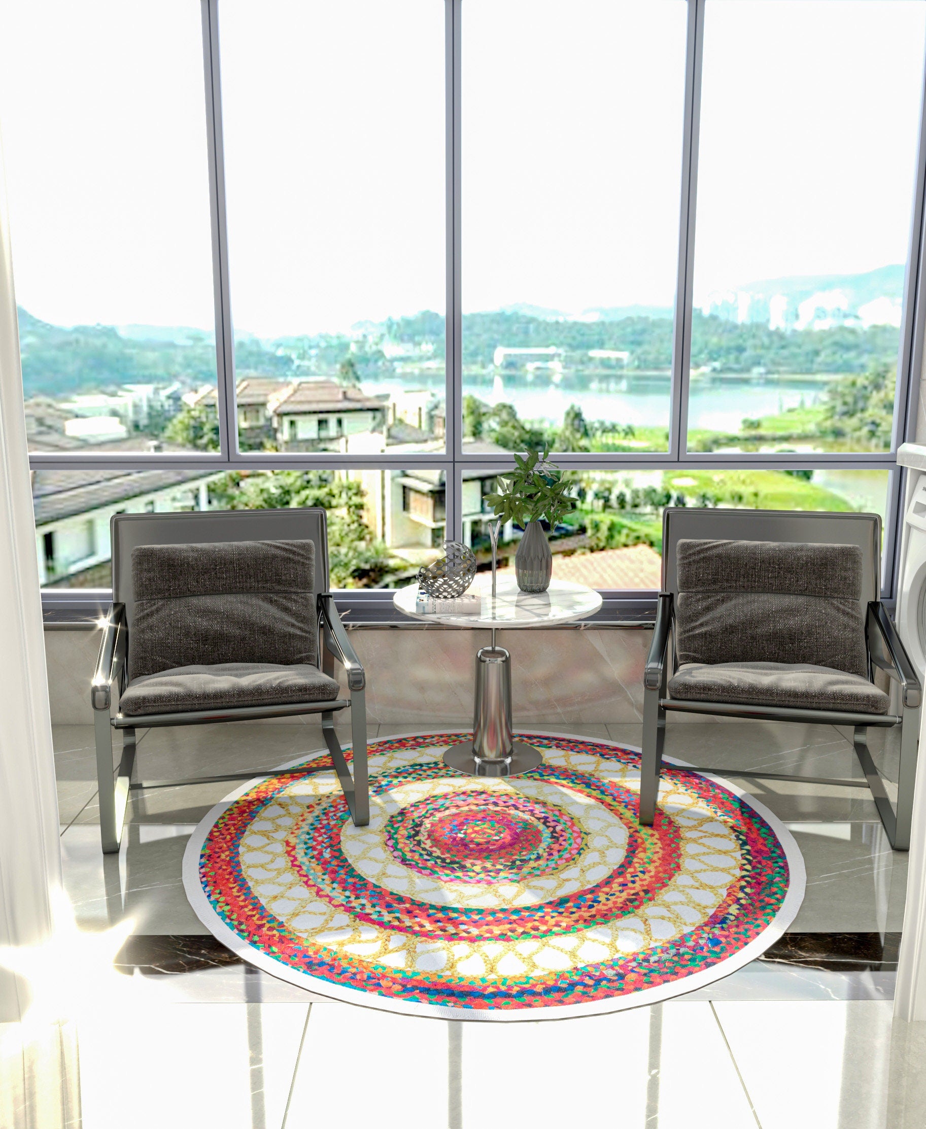 Round Boho Braided Cotton Rug – Washable Multi-Color Area Carpet
