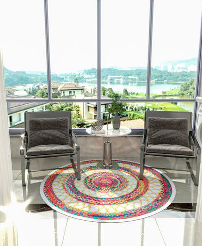 Round Boho Braided Cotton Rug – Washable Multi-Color Area Carpet