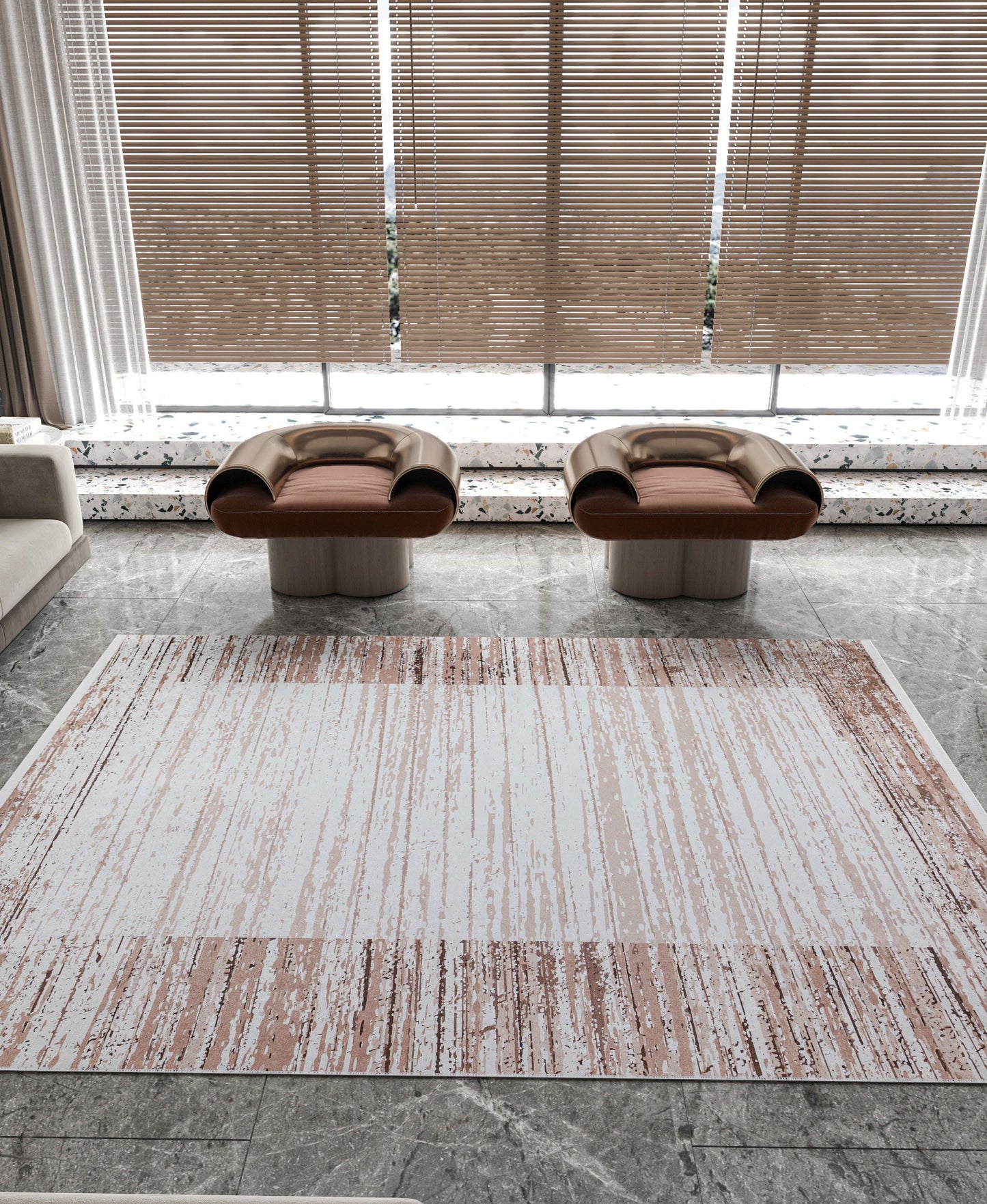 Washable Boho Area Rug – Distressed Rose Gold Abstract Carpet, Non-Slip Thin Living Room Rug