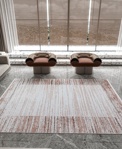 Washable Boho Area Rug – Distressed Rose Gold Abstract Carpet, Non-Slip Thin Living Room Rug