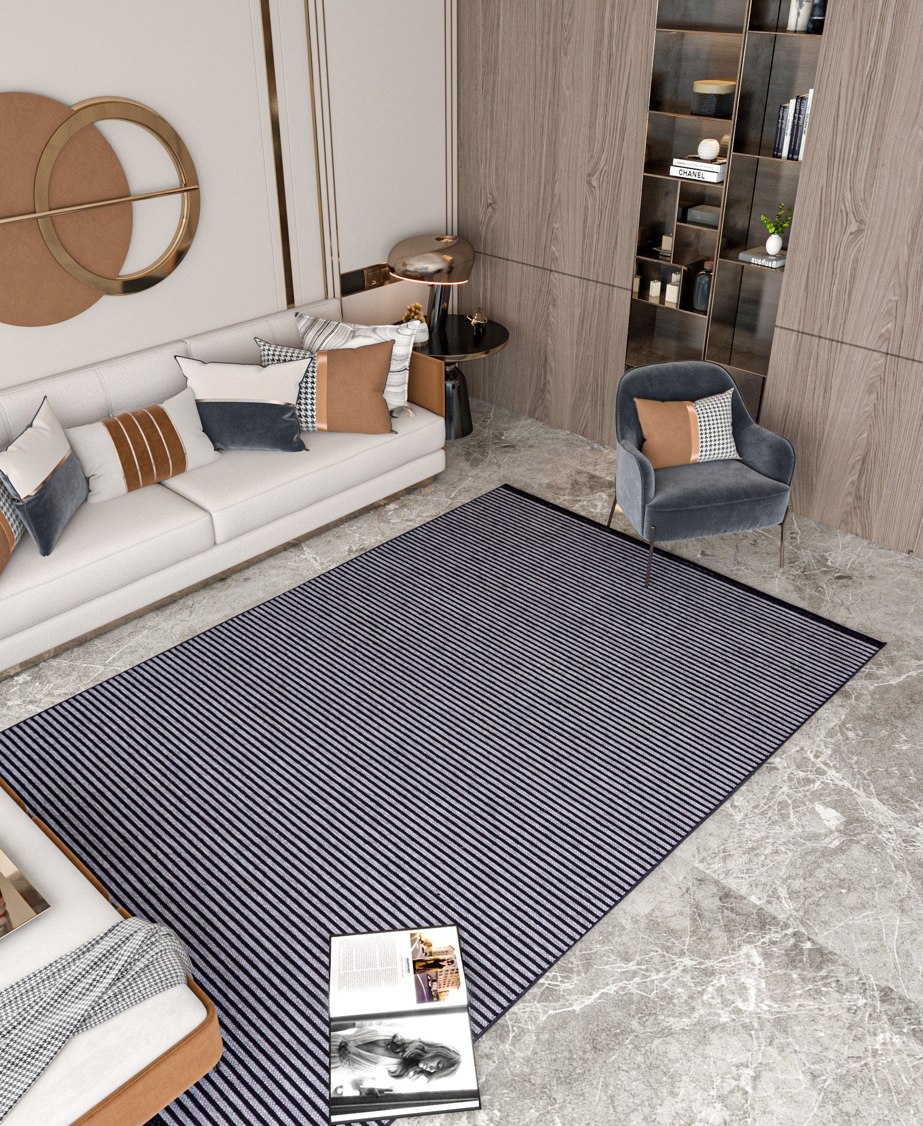 Modern Black Striped Rug, Washable Cotton Carpet