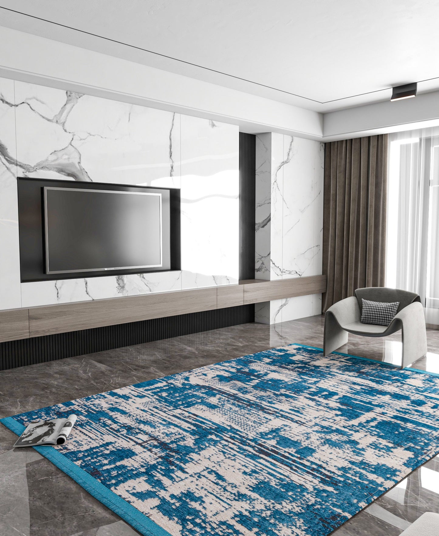 Teal Abstract Area Rug – Distressed Living Room Carpet, Modern Textured Floor Rug
