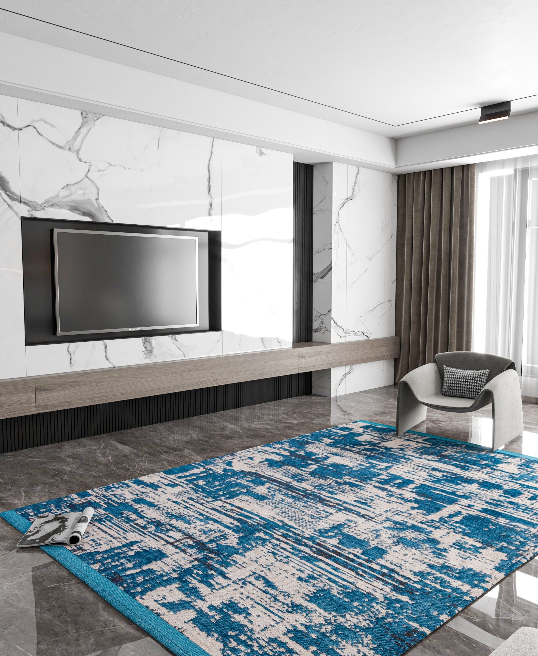 Teal Abstract Area Rug – Distressed Living Room Carpet, Modern Textured Floor Rug