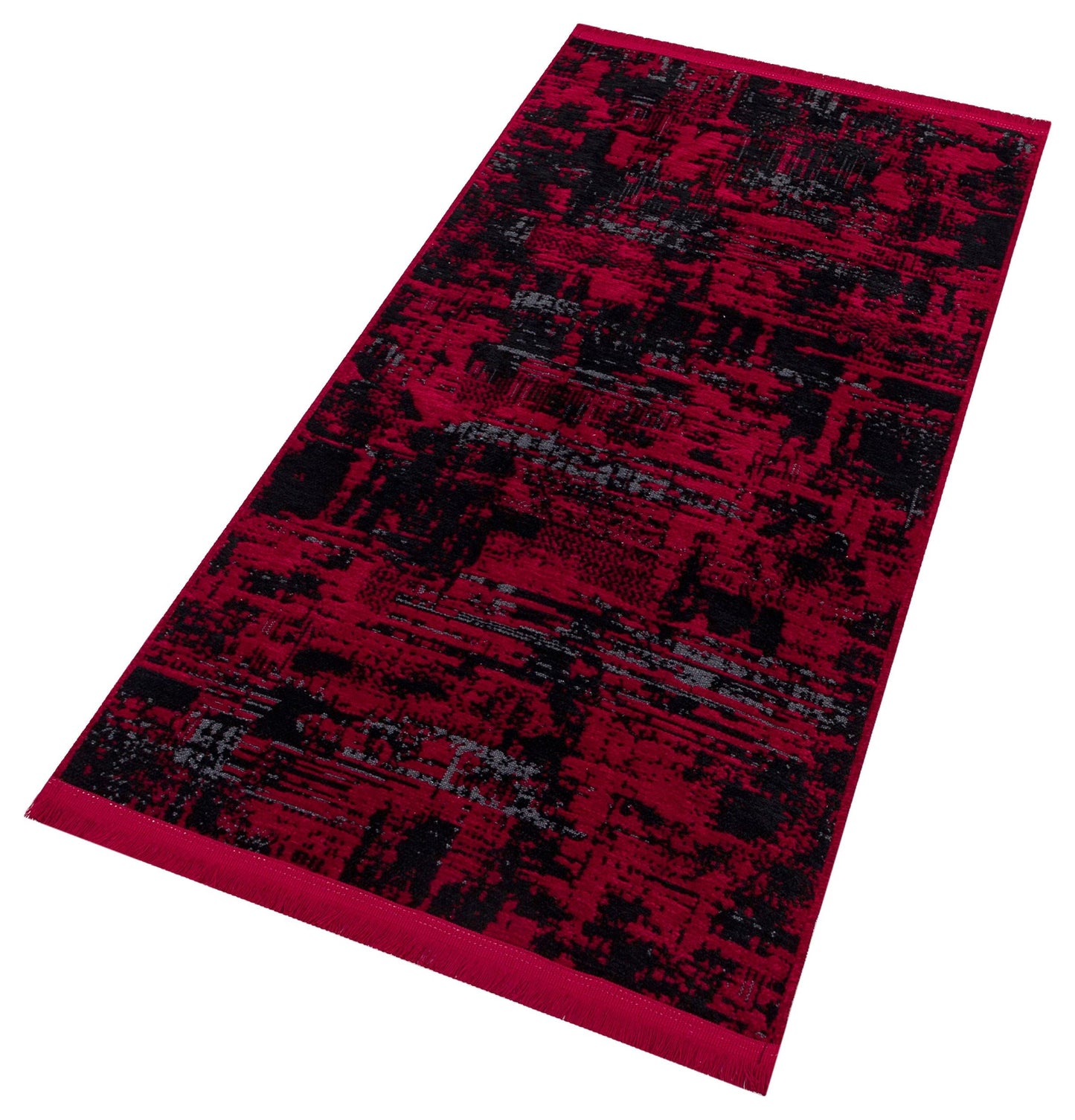 Abstract Red Black Runner Rug – Distressed Washable Hallway, Kitchen Carpet