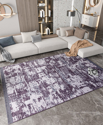 Distressed Abstract Runner Rug – Muted Purple, Charcoal Grey, Fringe – Industrial Home Decor
