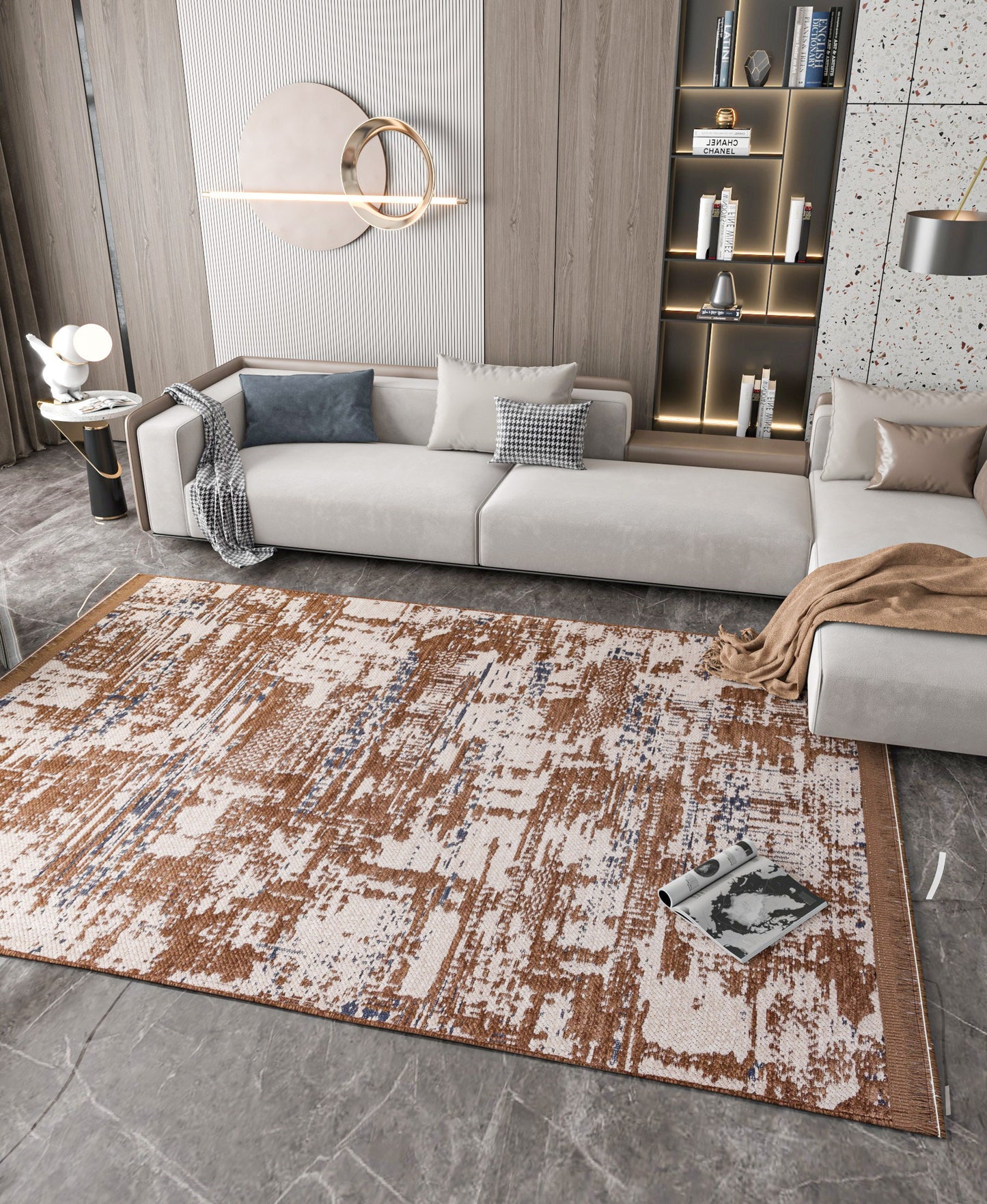 Distressed Abstract Area Rug, Earth Tone Boho Neutral Decor, Washable Cotton Mat