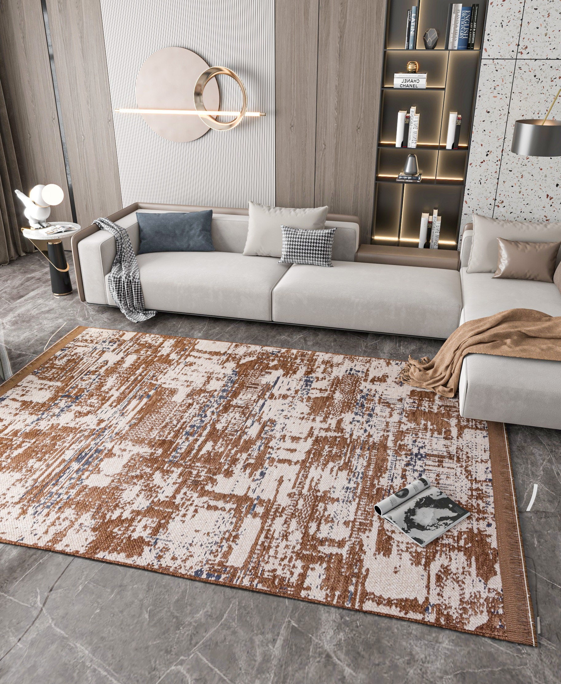 Distressed Abstract Area Rug, Earth Tone Boho Neutral Decor, Washable Cotton Mat