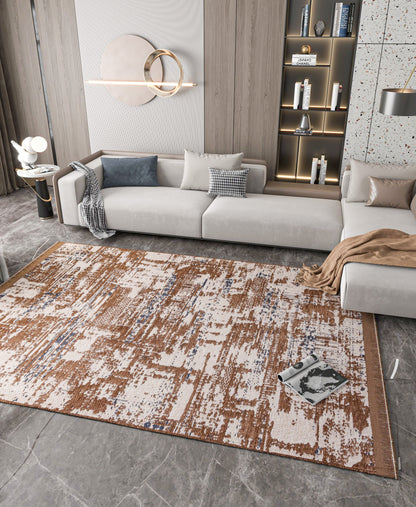 Distressed Abstract Area Rug, Earth Tone Boho Neutral Decor, Washable Cotton Mat