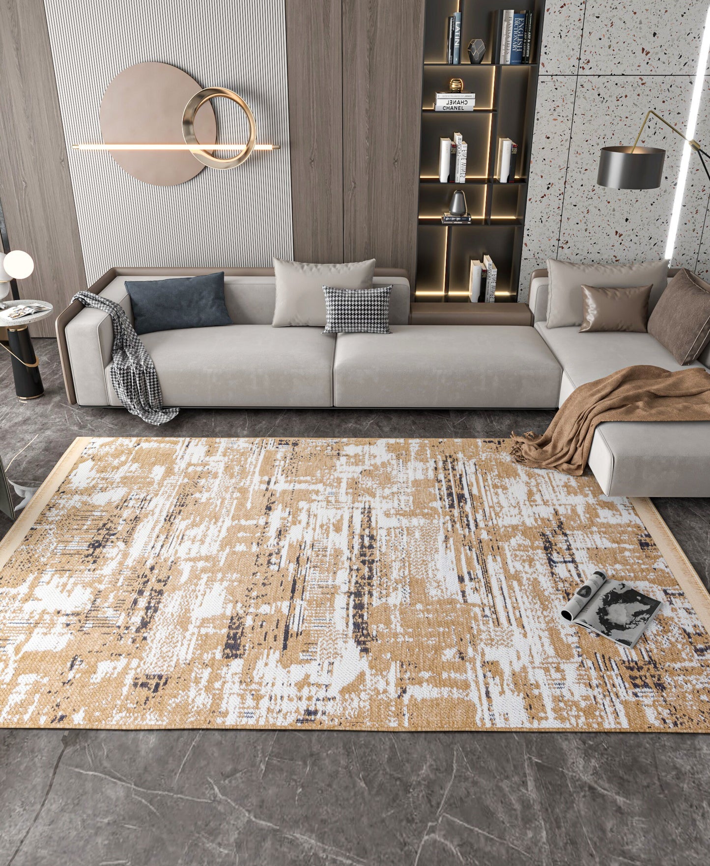 Distressed Gold Ivory Abstract Cotton Rug – Washable Boho Area Carpet