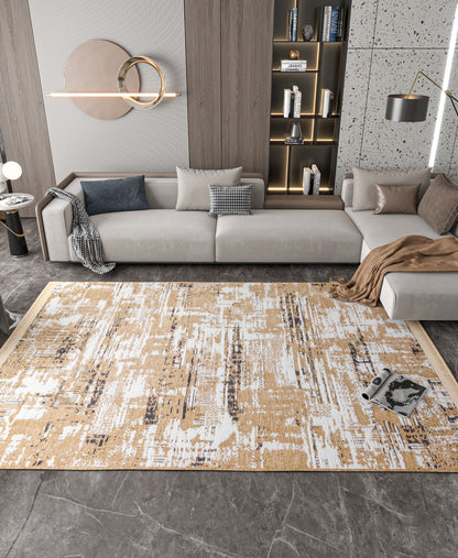 Distressed Gold Ivory Abstract Cotton Rug – Washable Boho Area Carpet