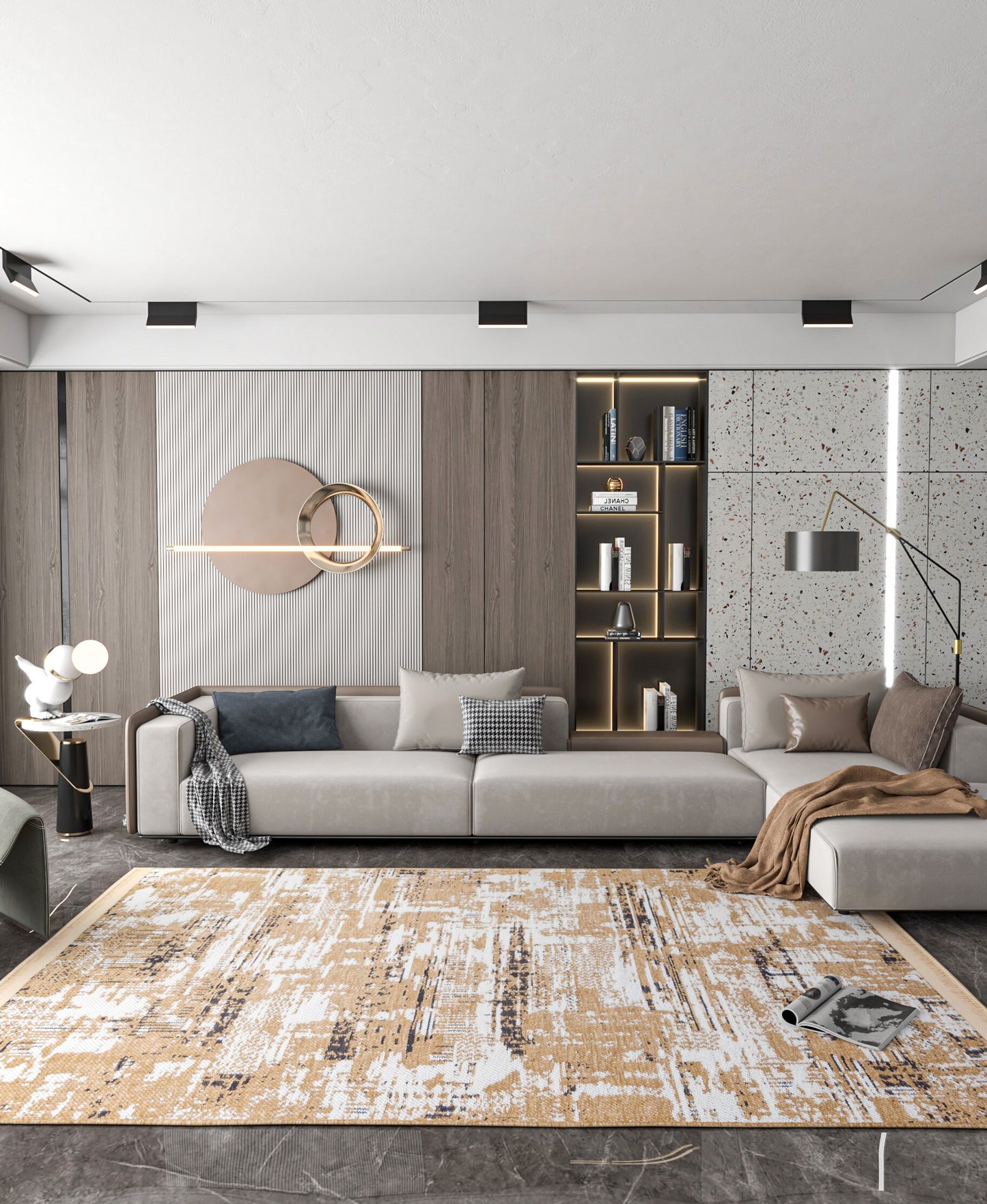 Distressed Gold Ivory Abstract Cotton Rug – Washable Boho Area Carpet