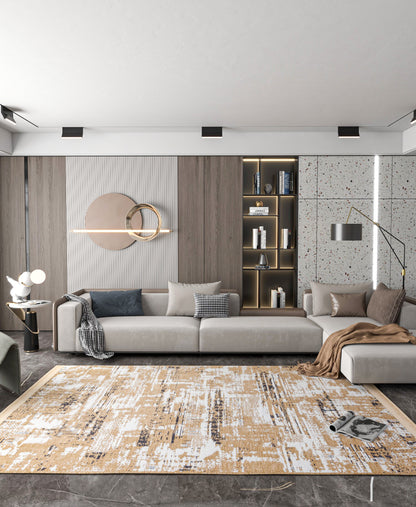 Distressed Gold Ivory Abstract Cotton Rug – Washable Boho Area Carpet