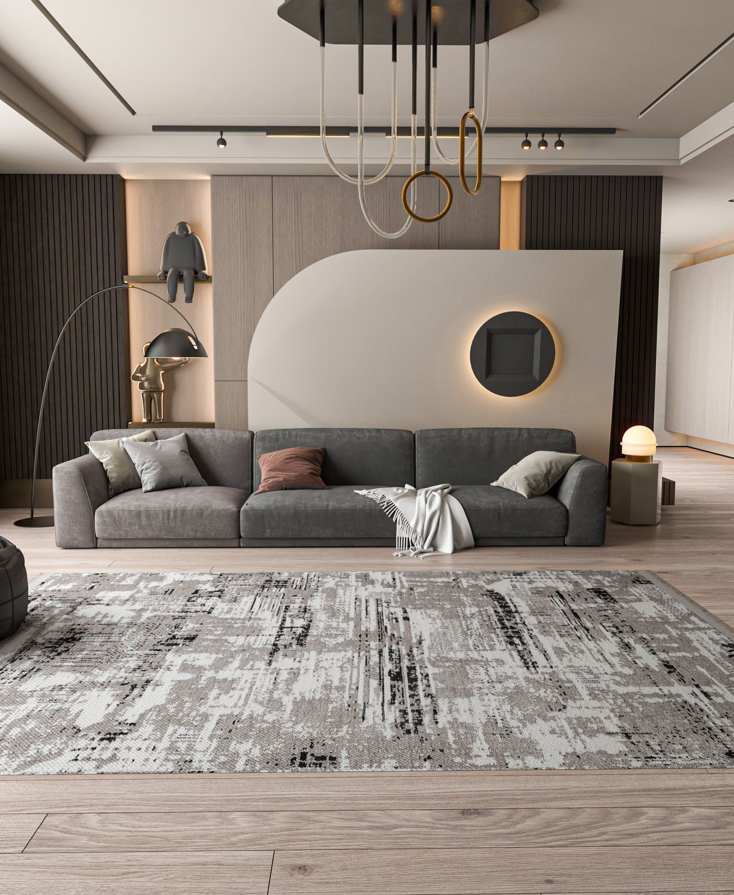 Washable Abstract Area Rug – Distressed Beige & Grey Boho Farmhouse Carpet