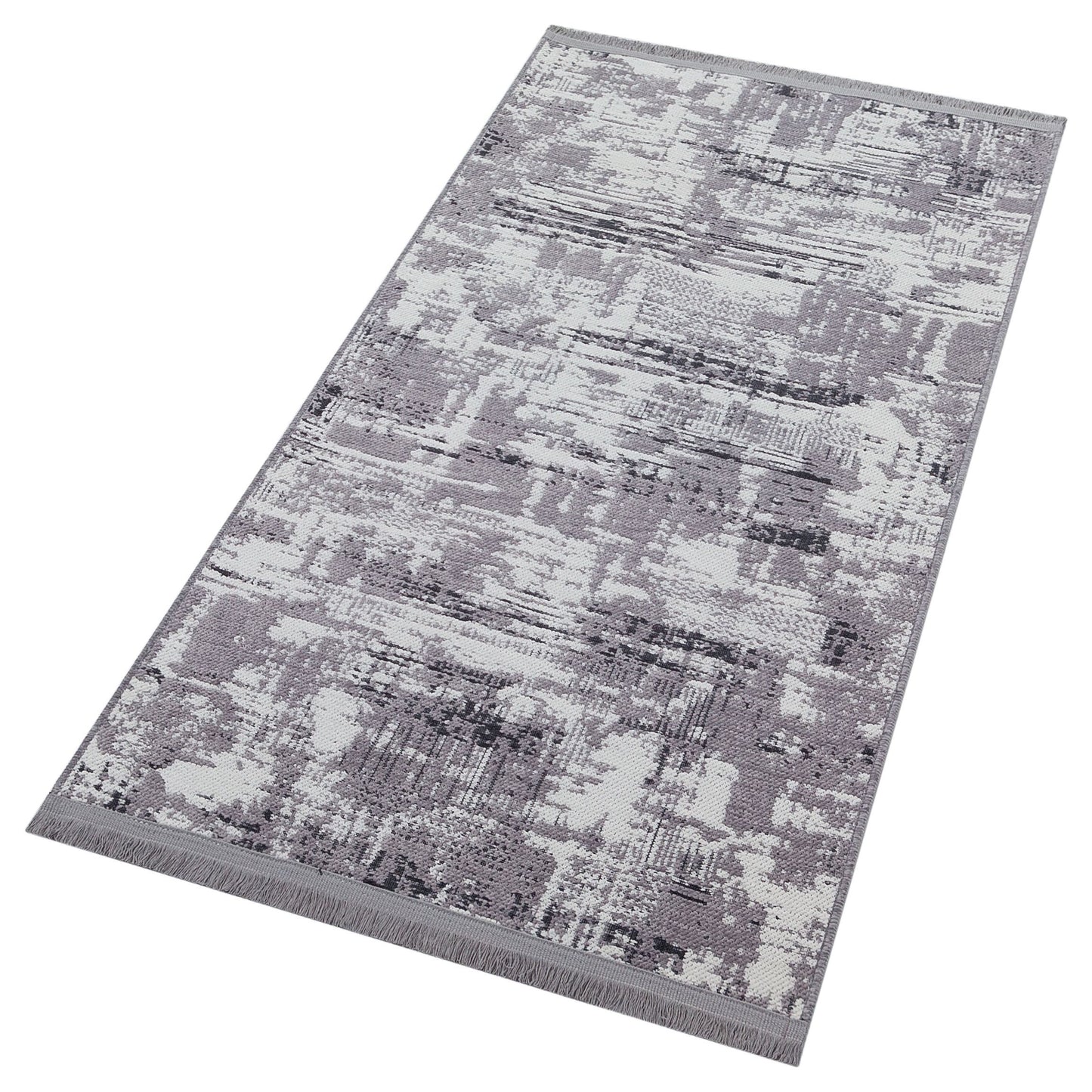 Distressed Abstract Area Rug, Grey White Washable Carpet, Modern Fringed Runner