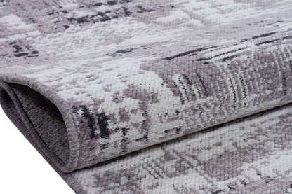 Distressed Abstract Area Rug, Grey White Washable Carpet, Modern Fringed Runner