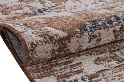 Distressed Abstract Area Rug, Earth Tone Boho Neutral Decor, Washable Cotton Mat