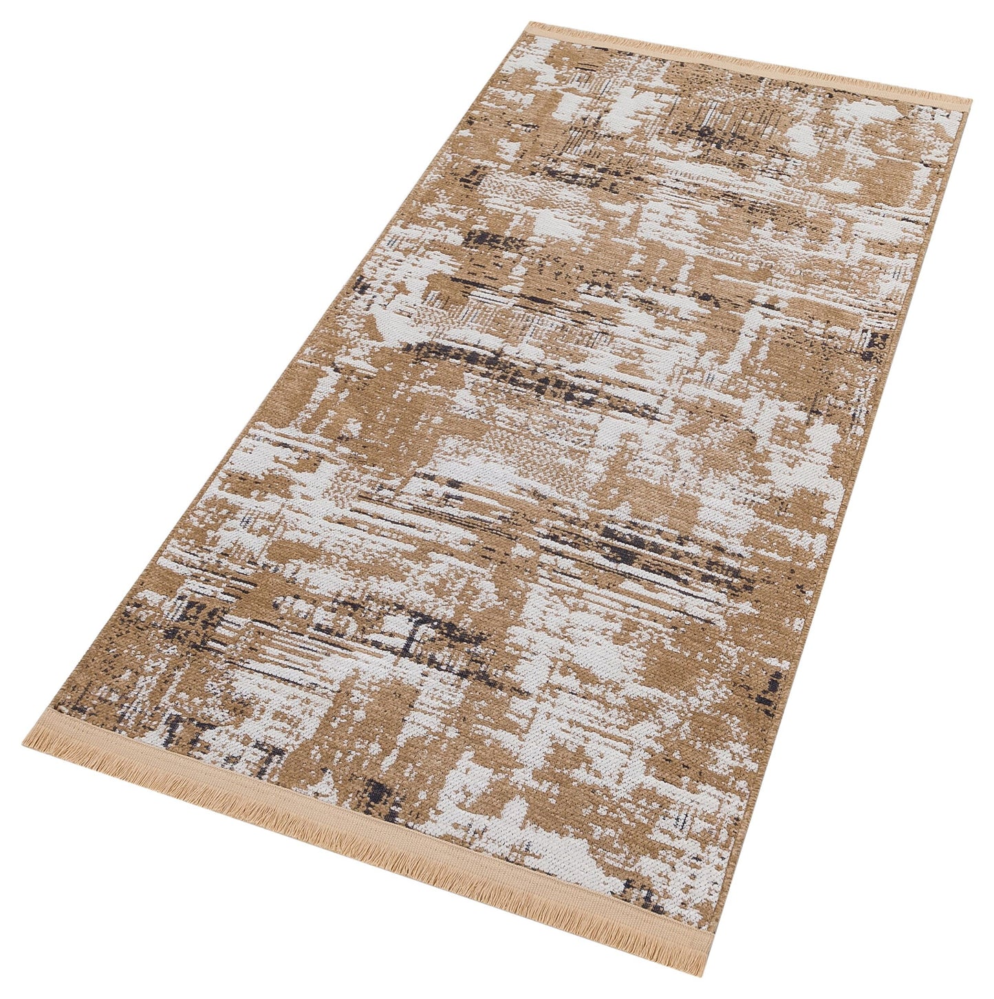 Distressed Gold Ivory Abstract Cotton Rug – Washable Boho Area Carpet